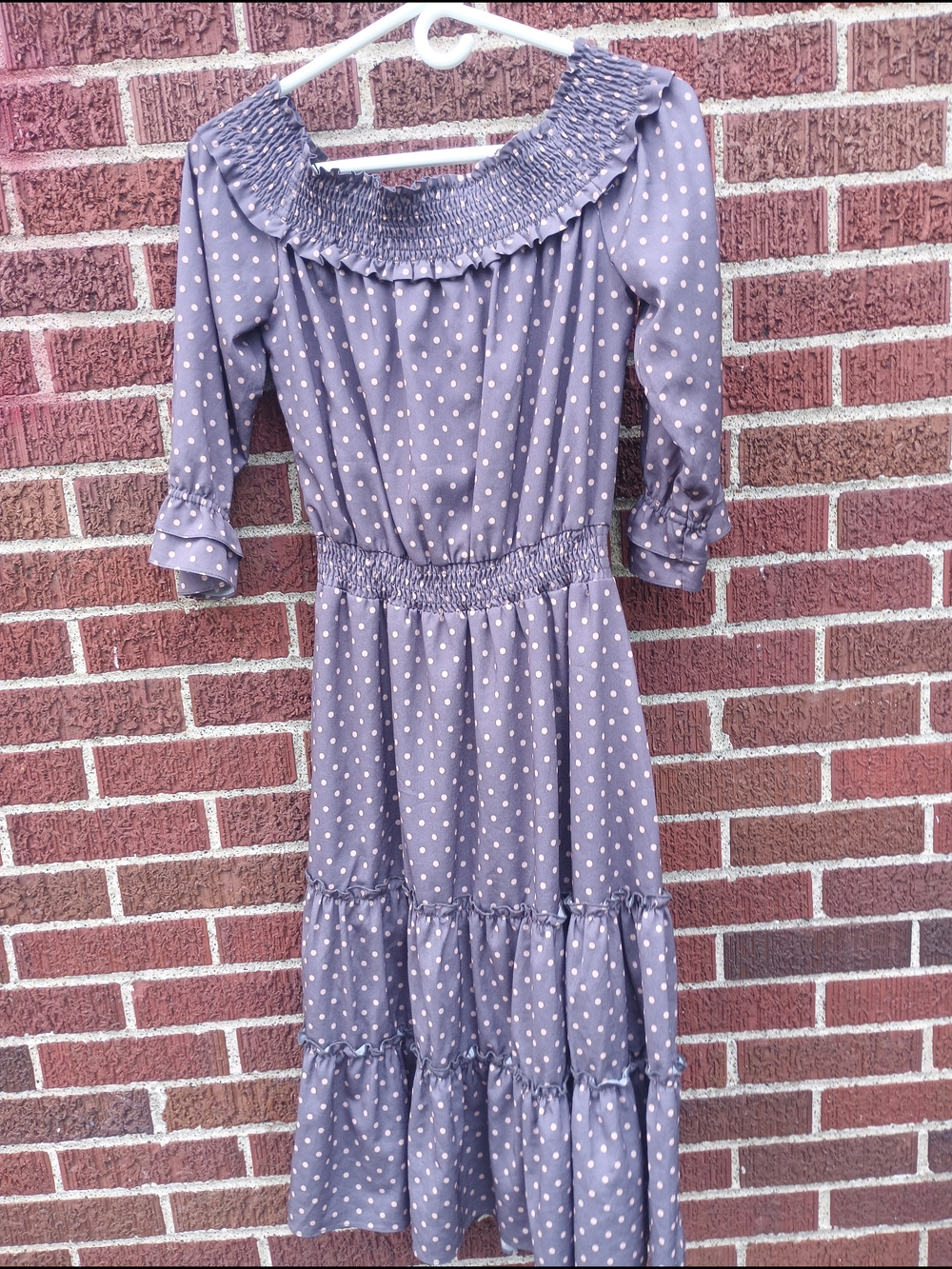 Mauve Polka Dot Tiered Smocked Midi Dress